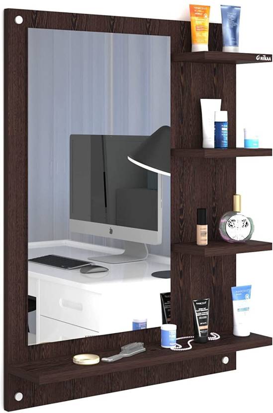 ANIKAA Mavis Dressing Wall Mirror with Shelves/Wall Hanging Dressing Mirrors with Shelf for Living Room Bedroom/Wall Mounted Dressing Mirror for Wall Decor (Wenge) Engineered Wood Dressing Table  (Finish Color - , Wenge, DIY(Do-It-Yourself))