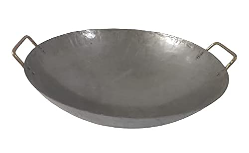 Light Weight Iron Big Size Chinese Wok Kadai with Handle for Noodles (Metallic, 16 Inches)