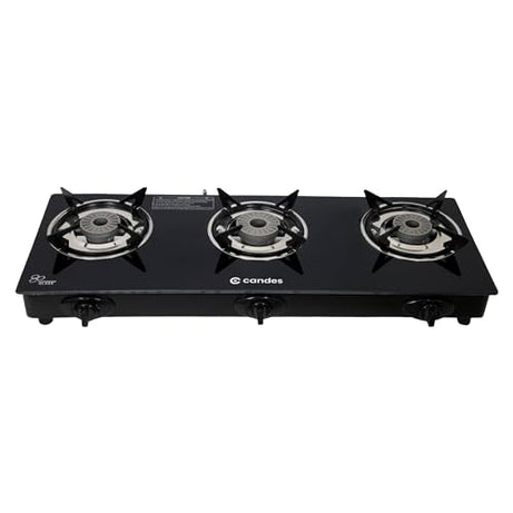 Candes Gas Stove 3 Burners Manual Ignition | 3 Burner Gas Stove with Premium Gas Saver Tornado Burners | 6mm Toughened Glass Gas Chulha 3 Burner | LPG Compatible | ISI Certified | 1 Yr Warranty