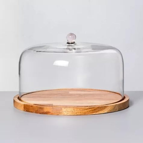 The Manufacturers® Pure Mango Wood Cake Stand with Glass Dome | Cloche, Serving Cake Plate with Dome Lid Serving Platter Tray Dessert Stand | Glass Dome with Base for Home Kitchen Baking