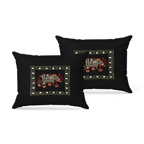 JaipurFabric® 100% Cotton 240 TC Rajasthani Zari Embroidered Double Bedsheet with 2 Pillow Covers (90" X 108"), Black