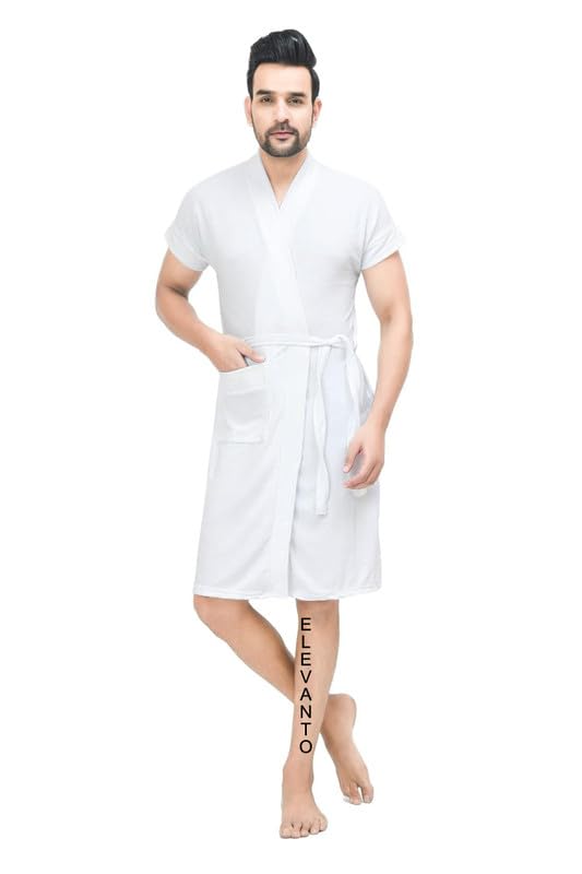 ELEVANTO bathrobe for men||bath robes|| Half Sleeve 1 Pocket | Soft & Lightweight Comfort bath robe (WHITE)