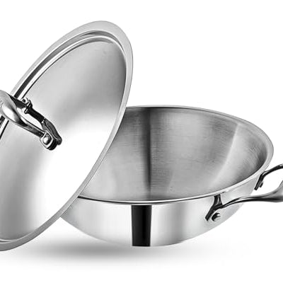 Vinod Platinum Triply Stainless Steel Cookware Kadai with lid - 3.2 litre, 26 cm / 2.5 mm Thick / 3 Layer Kadhai for cooking/Heavy Induction Bottom - 5 Years Warranty