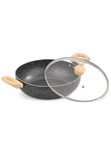 BERGNER Earth Black Non-Stick 20 cm Kadai with Glass Lid, 2.3 L Kadhai with Wooden Finish Soft Touch Handle, 2.5mm Thickness, Consumes Less Oil, White Marble Splatter, Induction Bottom and Gas Ready