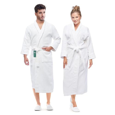 TOALLA Luxury Cotton Terry Shawl Bathrobe Collar Robe with Slippers - One Unisex Spa Robe - Bathrobe for Men & Women, White, One Size