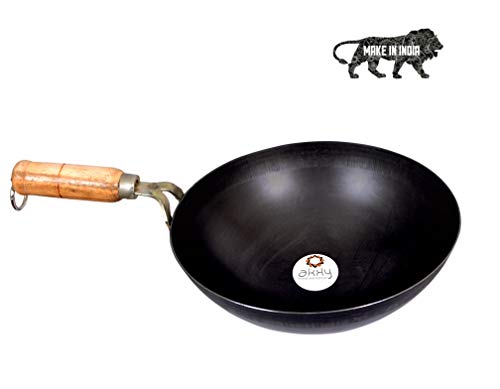 Akky Original Iron/Loha Kadhai/Fry Kadhai Bottom Deep Chinese Wok with Wooden Handle for Frying and Cooking (10 inch / 25.4 cm), 2.5L