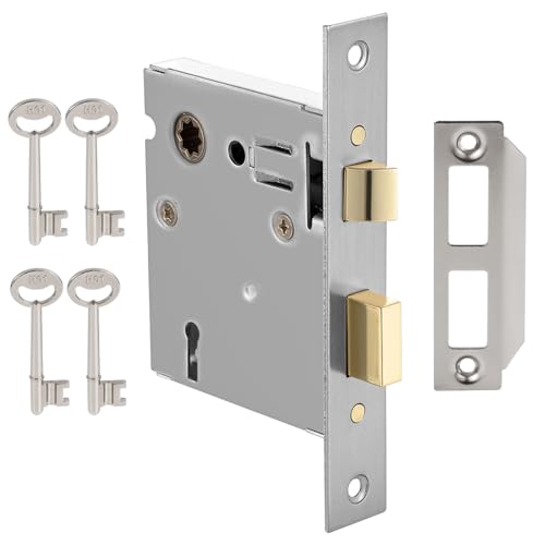 Toptotoo Mortise Lock Set Interior Door, Old Door Lock Replacement Parts, Antique Vintage Door Lock Hardware, Skeleton Keys and Reversible Latch, Mortise Lock Kit, Brushed Nickel Finish