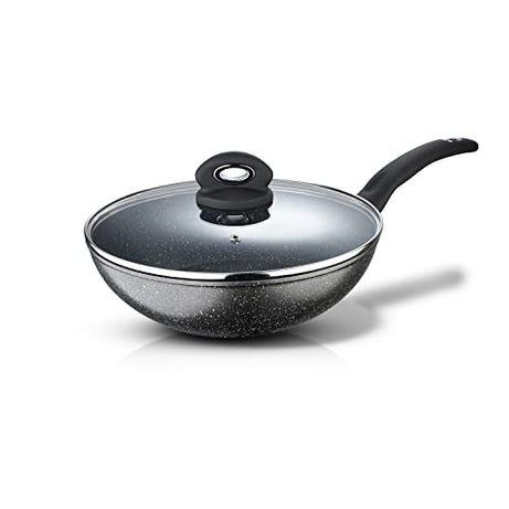 Bergner Orion NonStick 28 cm Chinese Wok, Glass Lid, 3.3 L Capacity, 100% Recyclable, For StirFry/Noodle/Fried Rice/Curry, Textured Soft Touch Handle, Granite Finish, Induction & Gas ready, 1-Year Warranty