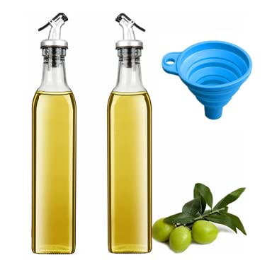 Kettlekane 500 ml Glass Oil Dispenser Bottle with Silicon Funnel, Oil & Vinegar Bottle, Stainless Steel Leak-Proof Cork (2 Pieces Oil Bottle + 1 Piece Silicone Funnel)