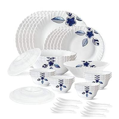 FloraGlow Unbreakable Plastic Light Weight Dinner Set of 36 pcs 6 Full Plates, 6 Quarter Plates, 12 Veg Bowls, 2 Serving Bowl with 2 lids. 2 Serving Spoons and 6 Spoons(White-Flower Design)