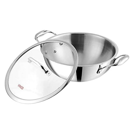 Vinod Platinum Triply Stainless Steel Extra Deep Kadai with Glass Lid 1.8 Litre (20 cm) | 2.5mm Thick | Kadai for Cooking | Heavy Base | Induction & Gas Base | 5 Year Warranty