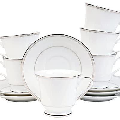 DANKOTUWA Luxury Porcelain Cup And Saucer Solid Set For 6 | Pure Platinum Crafted Tea Set. Vegan Scratch Resistant Dishwasher Safe And Light Weight. 12 Pieces 200 Ml (Infinity Platinum)