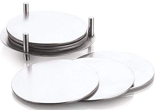 AYURVEDACOPPER Stainless Steel Round Kitchen Dining Serving and Desk Coaster 6 pcs Set with Stand