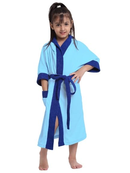 CREEVA Melodious Kids Unisex Hooded Bathrobe For Boys & Girls 10-11 Years With 1 Pocket and Attached Adjustable Belt Ocean Blue & Turkish