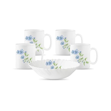 La Opala Diva Classique Collection Opal Glass Crockery | Gift Set of 5 | Coffee Time Set 5 pcs Blue Daisy | Bowls & Coffee Mugs | Microwave Safe | 100% Vegetarian | Extra Strong | Light & White