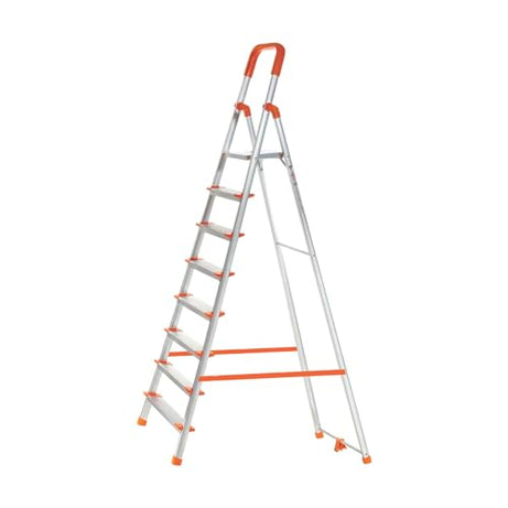 HOMEWELL 8 Step Foldable Aluminium Ladder for Home | Ladder with Anti-Slip Shoes | Slip Prevention Steps | Durable, Heavy Duty, Safe, and Stylish