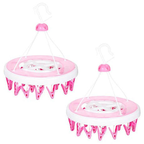 Kuber Industries Pack of 2 Cloth Drying Hanger | 24 Clips Cloth Hanger | Cloth Drying Stand | Baby Cloth Drying Pegs | Clothes Hanger Pegs | Round Cloth Drying Clips | Transparent Pink