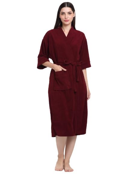 CREEVA Everyday Unisex Micro Terry Bathrobe Collection With kimono collar and 1 Pocket, 3/4 Sleeve Bath Robe Super Soft Light Weight - Wine