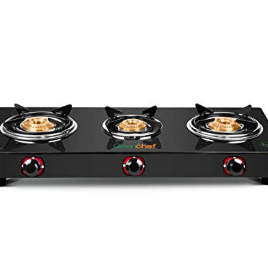 GREENCHEF Elon Glass cook top 3 Burner Gas stove,Black Body (Manual Ignition)