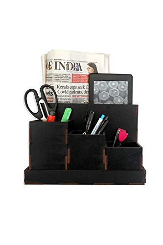 WOODOLOGY INDIA Wooden Desk Organizer/Storage Box/Remote & Pen Stand/Office Stationary Stand (Black)