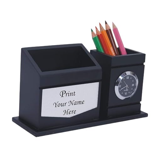 KNG Black Wooden Desk Organizer with Clock, Pen Stand, Mobile Phone Holder for Home and Office - Customized, Personalized Gift, Get Name Printed