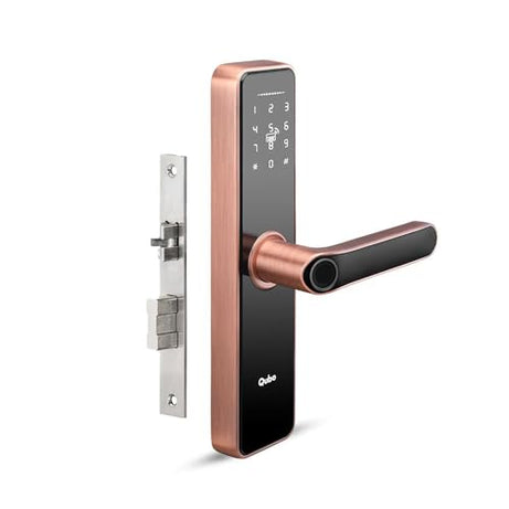 QUBO Smart Door Lock Essential from Hero Group | 6-Way Unlocking | Fingerprint | Pincode | RFID Card | Bluetooth Mobile App | Mechanical Key | OTP Access | 1 Year Brand Warranty | (Copper)