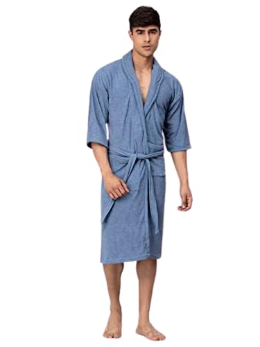 HotGown Mens Double Terry Cotton Solid Bathrobe | Full Sleeves Bathrobe | Shawl Collar| (L, Blue)