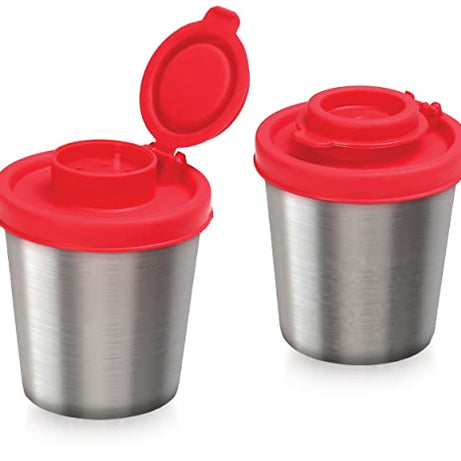 SIGNORAWARE Salt and Pepper Shakers Moisture Proof Set of 2 Salt Shaker to go Camping Picnic Outdoors Kitchen Lunch Boxes Travel Spice Set with Red Lids stainless steel Airtight Dispenser