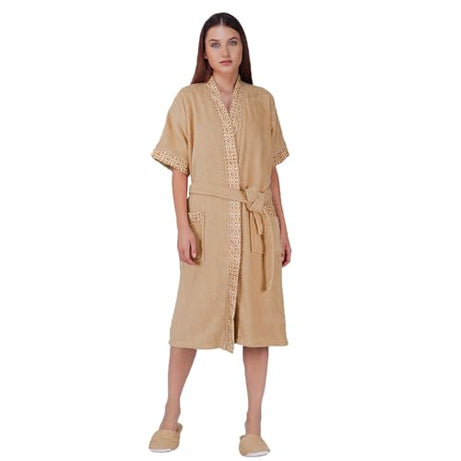 Rangoli Sakura 100% Cotton Bathrobe & Slippers Set for Men & Women | 420 GSM | Ultra-Soft, Lightweight & Absorbent | Gym, Spa, Hotel Robe | Beige, L