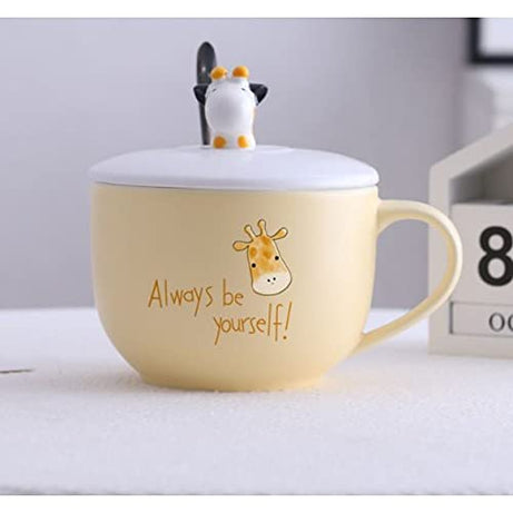 OANGO Ceramic Panda Printed Noodle Bowl, Mug with Lid and Spoon Cup, 450 ml Yellow Colour