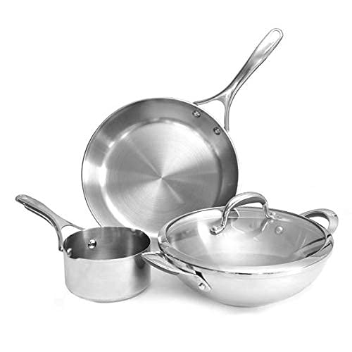 Meyer Select Nickel Free Stainless Steel 3 Piece Cookware Set | Steel Cookware Set for Kitchen with Heavy Bottom | Induction cookware Set Combo Offer - 26cm Kadai + 14cm Milkpan + 28cm Frypan, Silver