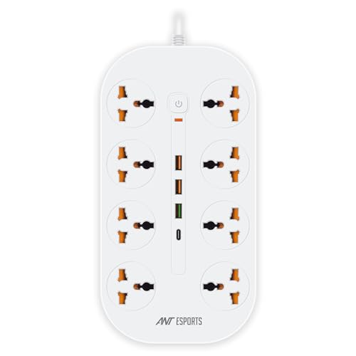 Ant Esports PS831 Power Strips with 8 Universal Socket and 3USB-A & 1Type-C, 3-Meter Cord, 2500-Watt,Fireproof Material, Heavy Duty Cable Overload Protection,Extension for Home/Office Appliances–White