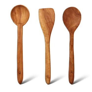 Vesta Homes Neem Wood Spoon, Compact Flip, Spatula/Ladle for Cooking Dosa,Roti,Chapati, Soup and Vegetables | Premium Wooden Kitchen Tools | No Polish | Naturally Antibacterial | Non-Stick | Handcarved | Set of 3