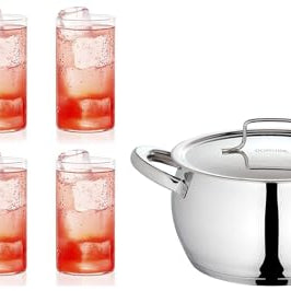 Borosil - CFHC18SS12 Stainless Steel Handi Casserole with Lid, Impact Bonded Tri-Ply Bottom, 2.9 L, Silver & Borosil Vision Glass Set of 6 (350 ml Each) Large, Clear, Flame Proof Glasses