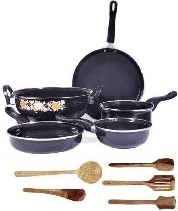 Jesa Homes Induction Bottom Non-Stick Coated Cookware Set (Aluminium, 11 - Piece) with Wooden Spoon