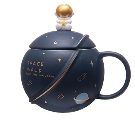 NYRWANA Coffee Mug, Mugs for Coffee, Birthday Gift, Coffee Mug with Lid, Mug with Lid & Spoon, Ceramic Mug, 3D Creative Space and Astronaut Planet Coffee Mug (400ml - Dark Blue)