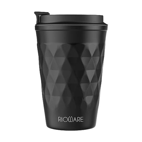 Rioware® Vacuum Insulated Travel Coffee Mug with Lid Keeps Cold for 14 Hours and hot for 8 Hours Hustle-Free Lock System - Stainless Steel 350ml-Dark Black