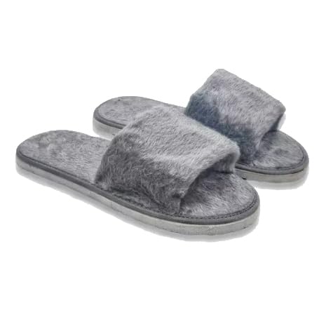 Bhains Ki Ankh Women's Fuzzy Fluffy Furry Fur Slippers Flip Flop Memory Foam Sandals Slides Soft Flat Comfy Anti-Slip Spa Indoor Outdoor Slip on (Size - Grey - 7)