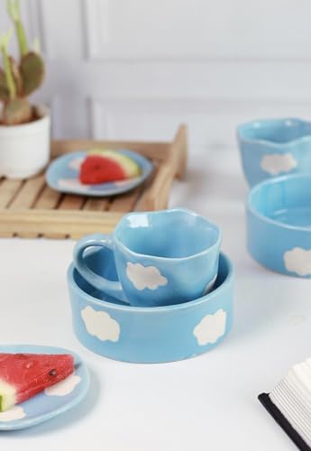 Raishsa Ceramic Blue Cloud Mug Set, 1 Cup/Mug, 1 Saucer, 1 Bowl, Aesthetic, Everyday Use, Gifting