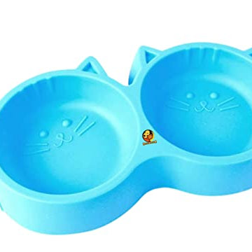 Foodie Puppies Non-Slip, Non-Toxic Pet Feeding Plastic Cat Face Shaped Double Bowl Food & Water Feeder 2-in-1 Bowl for Dogs, Puppies, Cats & Kittens (Color May Vary)