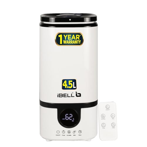 iBELL Humidifier for room with Remote, Digital display, 4.5L, Ultrasonic, Adjustable Mist Output, Super Quiet 360° Nozzle, Lasts Up To 24 Hrs, Essential Oil Diffuser, HU450RB (White)