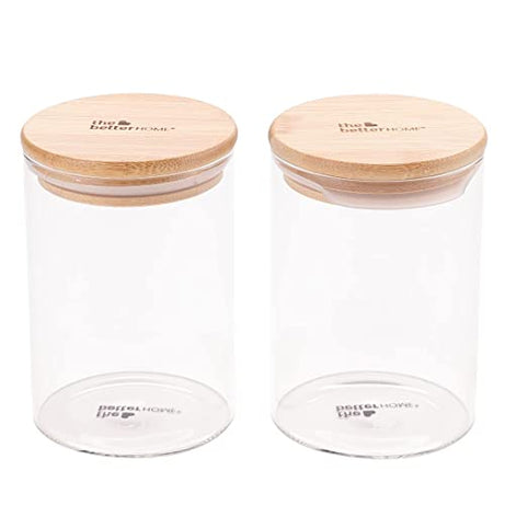 The Better Home Pack of 4 Kitchen Accessories Item with Bamboo Lid I Transparent Airtight Borosilicate Kitchen Containers Set | Glass Jars for Cookies Snacks Tea Coffee Sugar | 600 ml Each