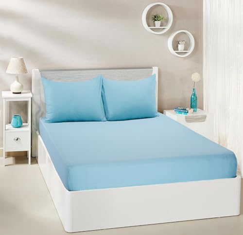 amazon basics 300 TC 100% Cotton Sateen Weave Bedsheet Set with 2 Pillow Covers | King Size (Light Blue)