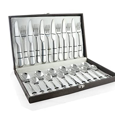 FnS Victoria 24 Pc Cutlery Set with Leatherette Box Packaging, Round Handle (6 Dinner Spoons, 6 Dinner Fork, 6 Teaspoons & 6 Dinner Knife/Butter Knife)