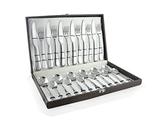 FnS Victoria 24 Pc Cutlery Set with Leatherette Box Packaging, Round Handle (6 Dinner Spoons, 6 Dinner Fork, 6 Teaspoons & 6 Dinner Knife/Butter Knife)