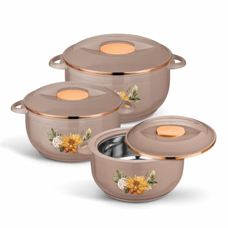 ASIAN Nova Inner Steel Casserole (600 ml, 1000 ml, 1600 ml) Gift Set of 3,|PU Insulated | BPA free | Food Grade|Easy to Carry|Easy to Store | Ideal For Chapatti|Roti | Serving Casserole ROSE BEIGE.