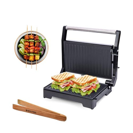 Milton Premium 800 Watt 180° Electric Grill Sandwich Maker | Auto Cut-Off | Cool Stainless steel Uni Touch Body | Non-Stick | Non Toxic BPA, PTFE Free | 1 Year Warranty - Griller + Wooden Tongs