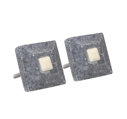 Two Moustaches Square Shaped Grey Marble Drawer Knob, Knobs for Cabinets, Dressers and Drawers – Decorative Drawer Pulls for Bathroom Fixtures, Kitchen Cabinetry, Pack of 2