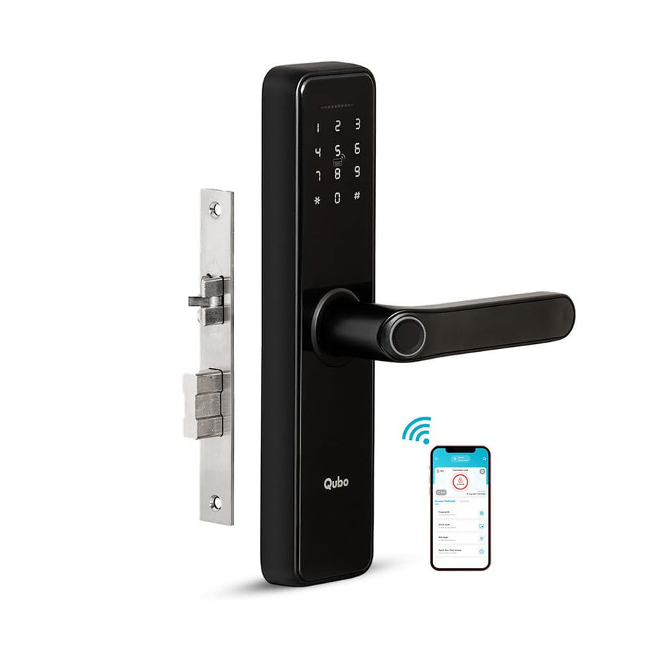 QUBO Smart Door Lock Essential WiFi from Hero Group | Unlock from Anywhere | 5-Way Unlocking | Fingerprint | Pincode | RFID Card | Bluetooth Mobile App | Mechanical Key | OTP Access | (Black)