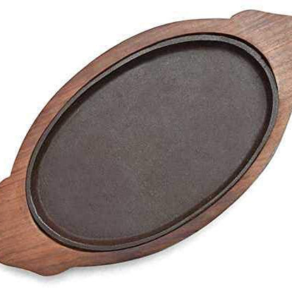 HAINE Cast Iron Sizzler Plate with Wooden Base, Brown, (13inch by 7inch)